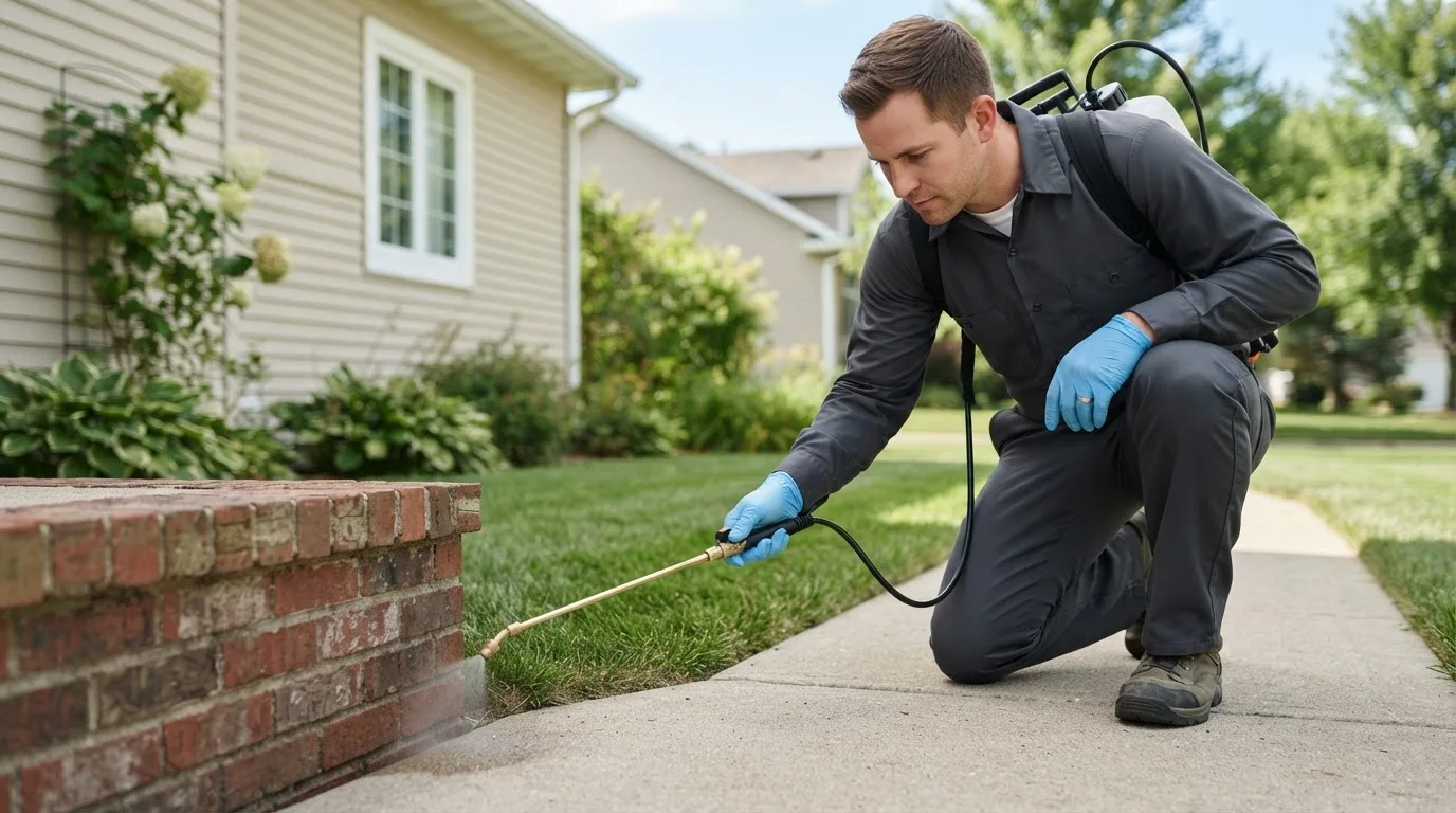 Pest control technician treating a home near Romeo, CO